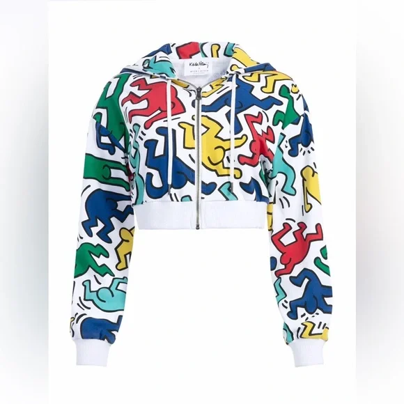NWT Alice + Olivia X Keith Haring Barron Crop Zip Up Hoodie Sweatshirt Jacket L - Picture 3 of 16